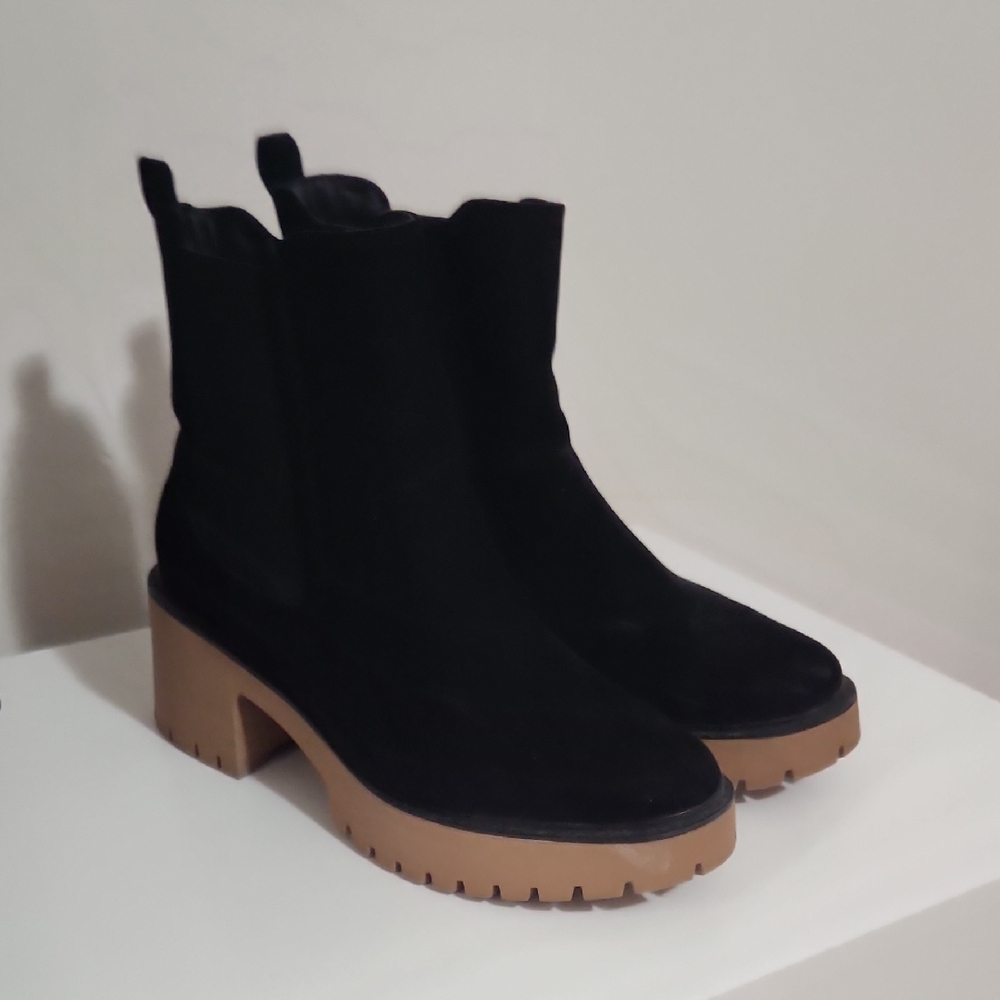 Black Suede Heeled Ankle Boots with Tan Sole